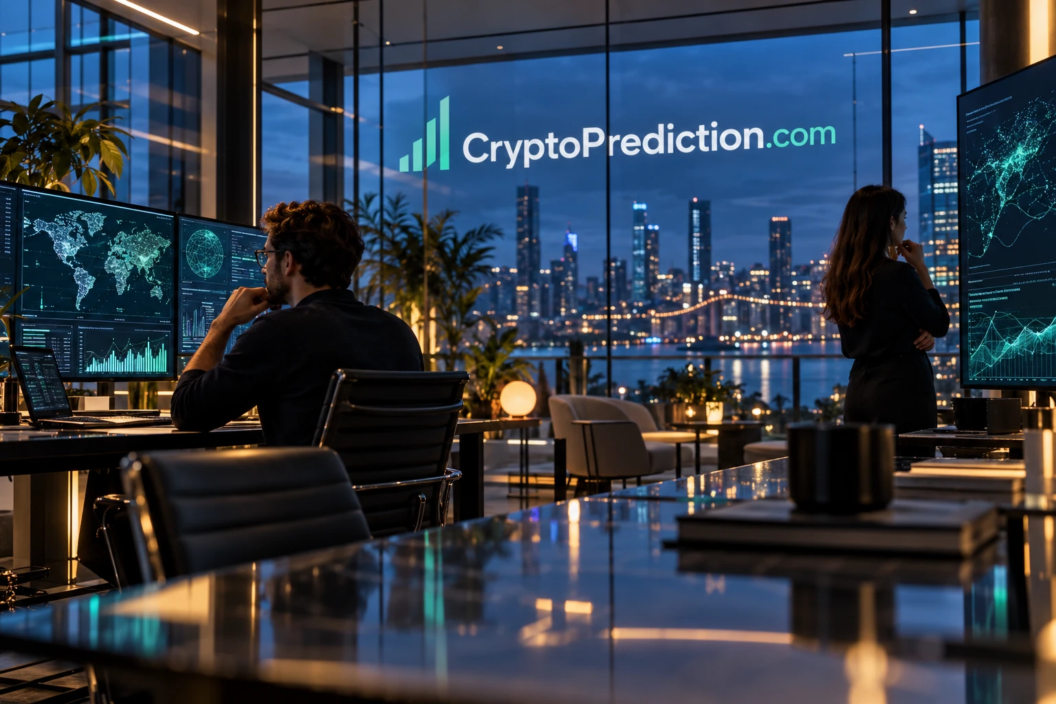 A research team in a navy glass workspace overlooking the city
